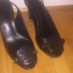 Tory Burch black leather sling back heels. Size 10